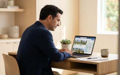 Real estate agent reviewing MLS property search results on laptop with IDX website integration