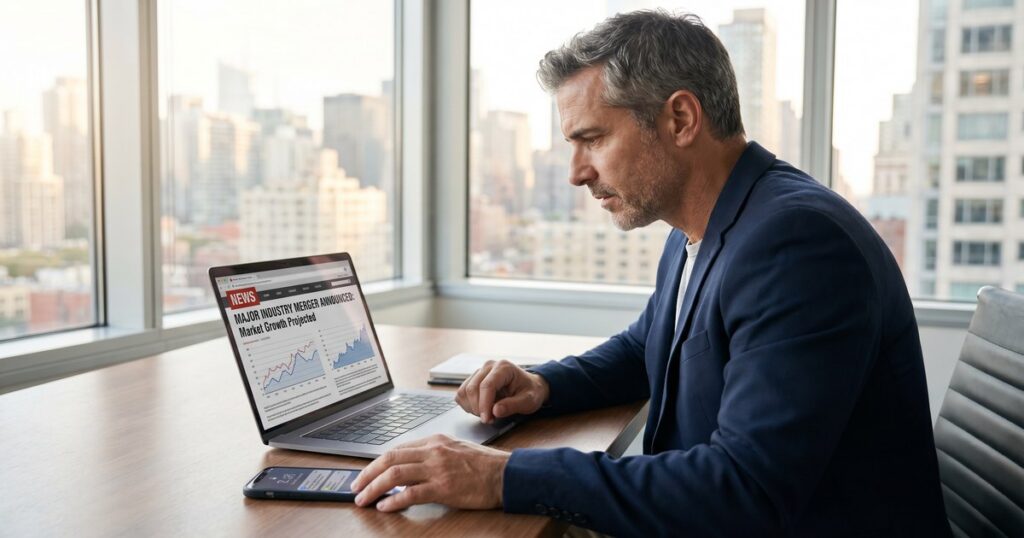 Professional male real estate agent reading major industry merger news about Real Brokerage acquiring RE/MAX on laptop