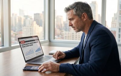 Professional male real estate agent reading major industry merger news about Real Brokerage acquiring RE/MAX on laptop