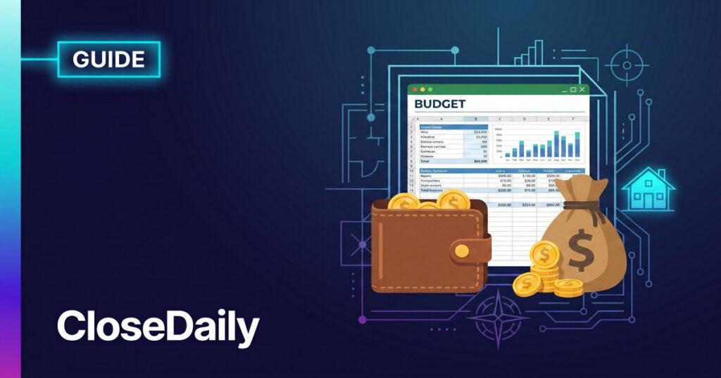 Illustrated guide showing wallet, money bag, budget spreadsheet and house icon representing real estate agent startup costs on dark navy CloseDaily background