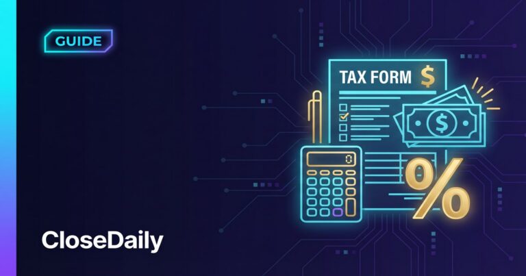 Illustrated guide showing tax form, calculator, dollar bills and percentage symbol representing real estate agent tax deductions on dark navy CloseDaily background