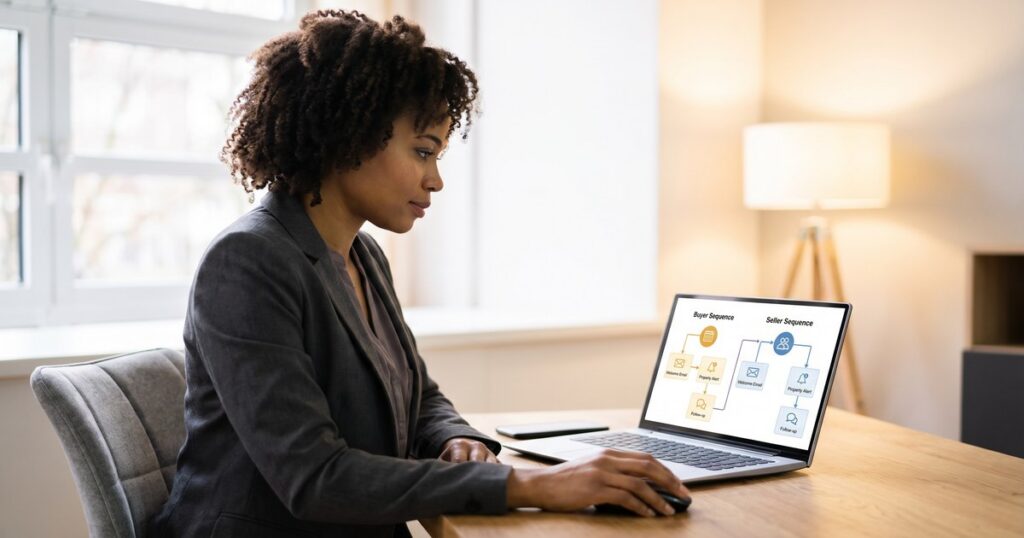 Black female real estate agent setting up automated email drip campaign sequences for buyers and sellers on laptop