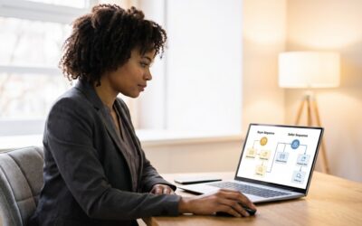 Black female real estate agent setting up automated email drip campaign sequences for buyers and sellers on laptop