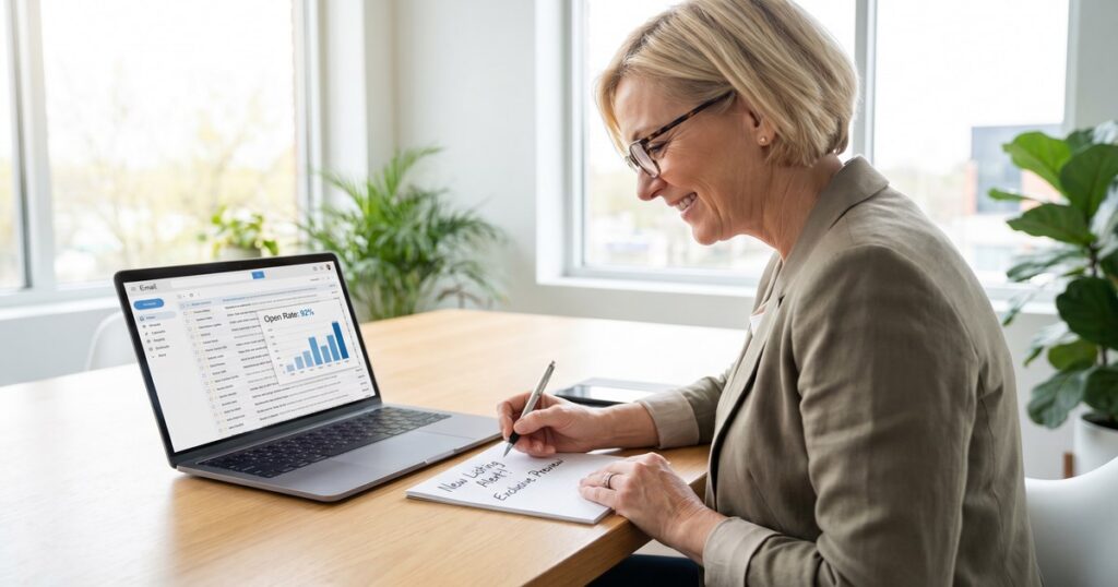 Female real estate agent writing email subject line formulas on notepad beside laptop showing high email open rates
