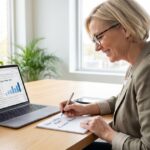 Female real estate agent writing email subject line formulas on notepad beside laptop showing high email open rates