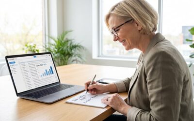 Female real estate agent writing email subject line formulas on notepad beside laptop showing high email open rates