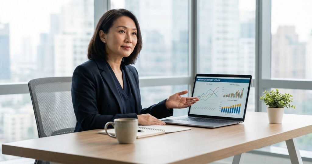 Asian female real estate agent presenting monthly market update report with home price trend charts on laptop