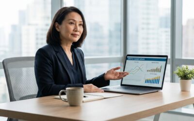 Asian female real estate agent presenting monthly market update report with home price trend charts on laptop