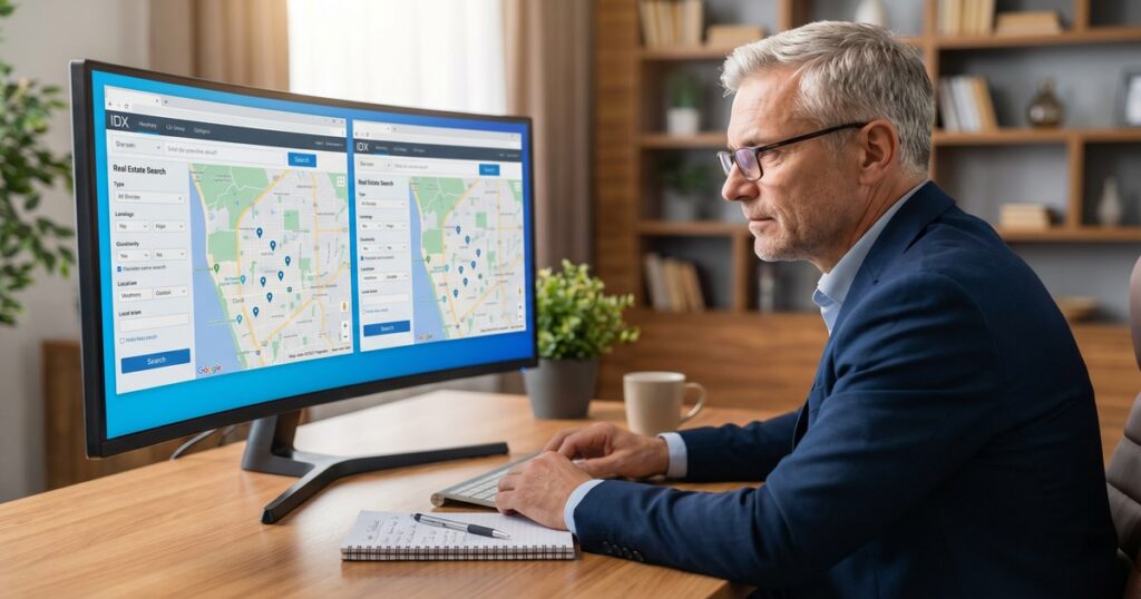 Senior real estate agent comparing Real Geeks and CloseDaily IDX platforms on widescreen monitor with notes