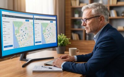 Senior real estate agent comparing Real Geeks and CloseDaily IDX platforms on widescreen monitor with notes