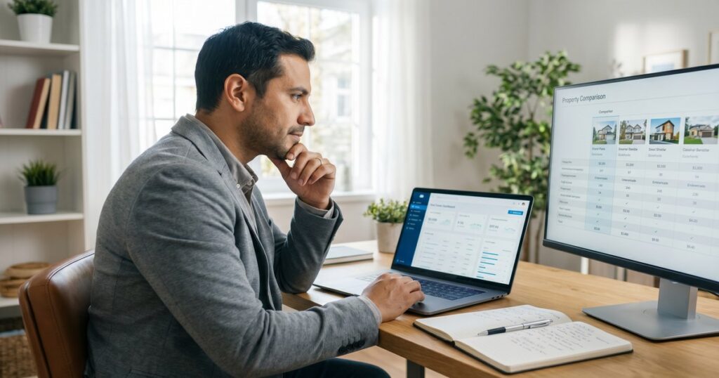 Real estate agent comparing Sierra Interactive and CloseDaily IDX platforms on dual monitors