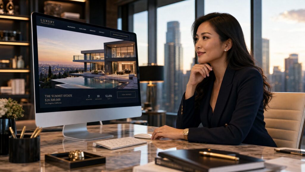 Luxury real estate agent reviewing an IDX website on a large monitor in an upscale office with city skyline views