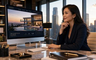 Luxury real estate agent reviewing an IDX website on a large monitor in an upscale office with city skyline views