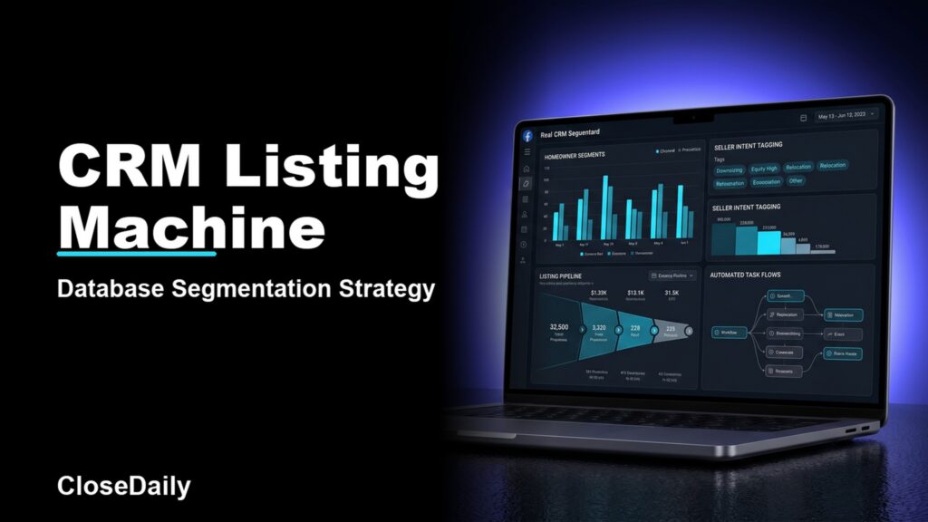CRM Listing Machine featured image with a dark real estate technology dashboard and CloseDaily branding