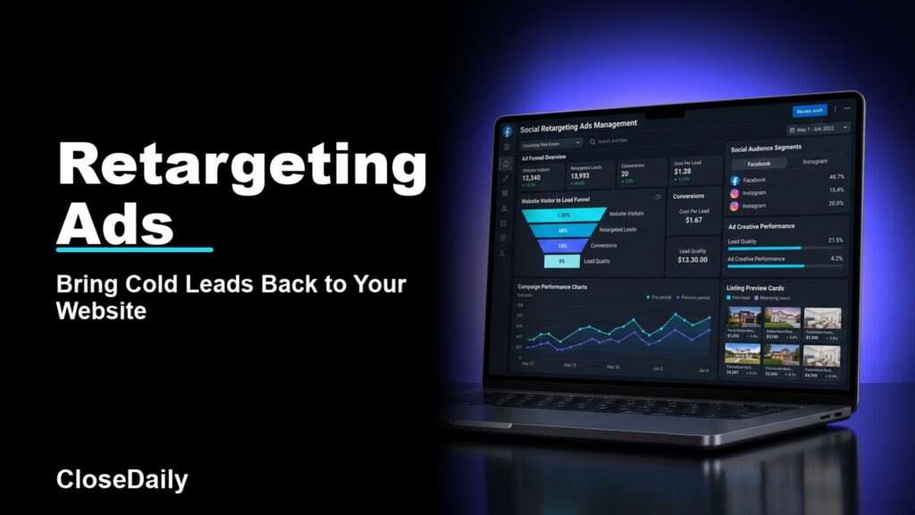 Retargeting Ads featured image with a dark real estate technology dashboard and CloseDaily branding