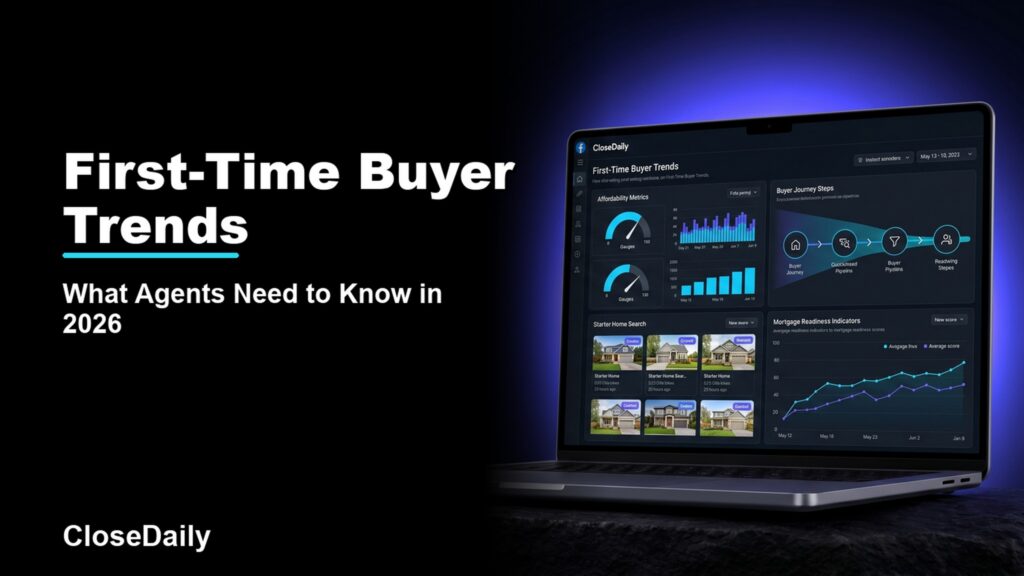 First-Time Buyer Trends featured image with a dark real estate technology dashboard and CloseDaily branding
