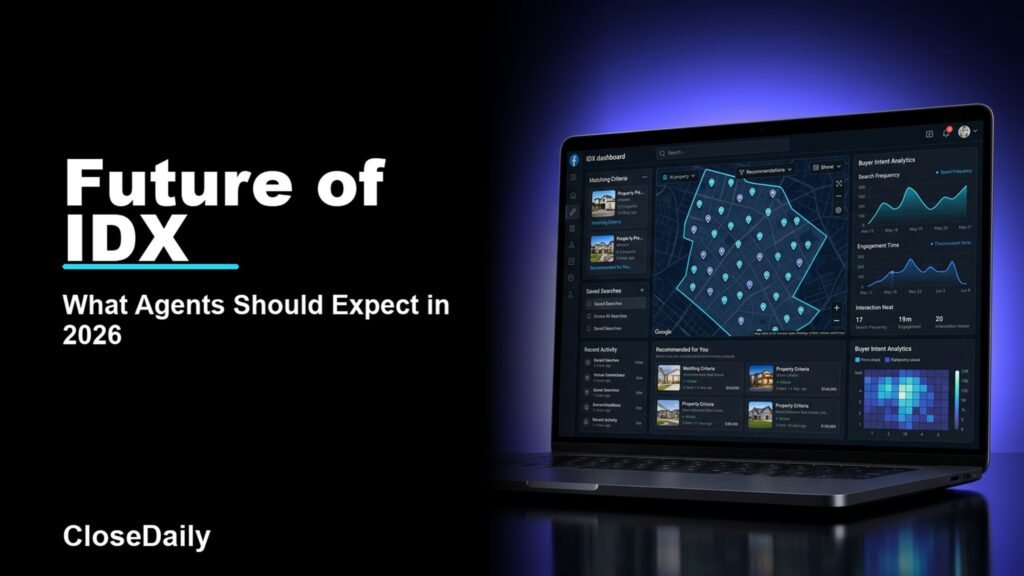 Future of IDX featured image with a dark real estate technology dashboard and CloseDaily branding