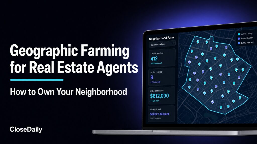 Geographic farming map showing neighborhood boundaries with active listings, sold properties and market stats for real estate agents