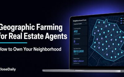 Geographic farming map showing neighborhood boundaries with active listings, sold properties and market stats for real estate agents