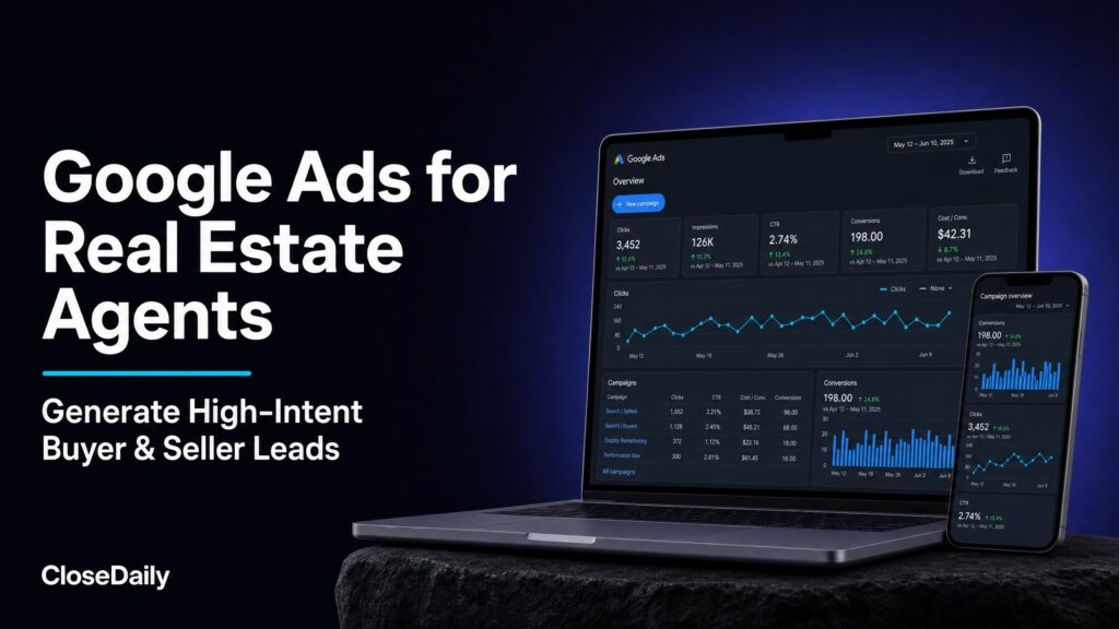 Google Ads dashboard showing real estate campaign performance with clicks, conversions and cost per lead metrics