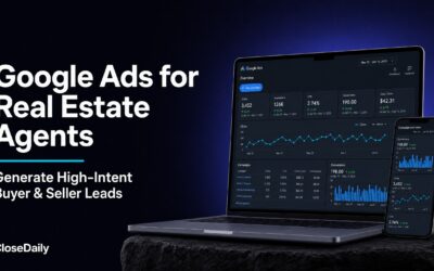 Google Ads dashboard showing real estate campaign performance with clicks, conversions and cost per lead metrics