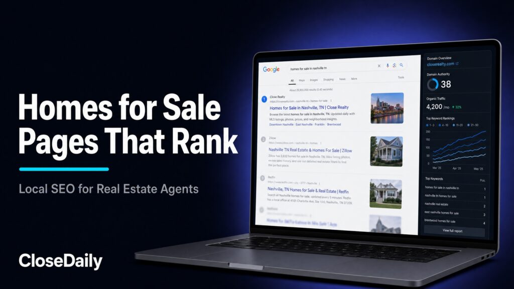 Google search results showing a real estate homes for sale page ranking number one with SEO metrics dashboard