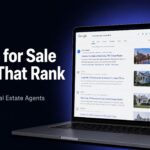 Google search results showing a real estate homes for sale page ranking number one with SEO metrics dashboard