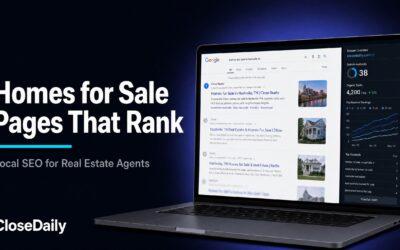 Google search results showing a real estate homes for sale page ranking number one with SEO metrics dashboard