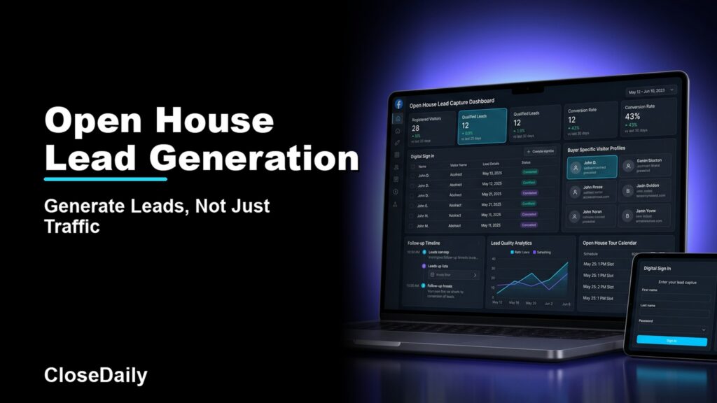 Open House Lead Generation featured image with a dark real estate technology dashboard and CloseDaily branding