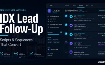 IDX lead follow-up sequence in a real estate CRM showing automated texts, emails, and call tasks