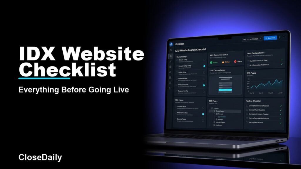 IDX Website Checklist featured image with a dark real estate technology dashboard and CloseDaily branding