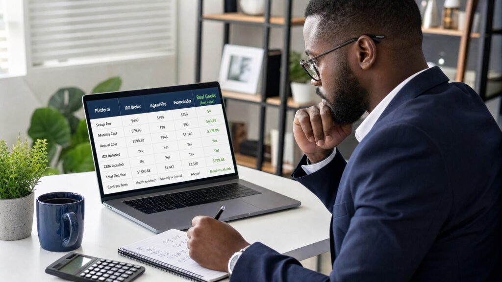 Real estate agent reviewing IDX website cost comparison spreadsheet on laptop with calculator and notepad