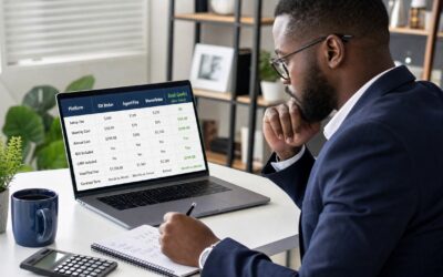 Real estate agent reviewing IDX website cost comparison spreadsheet on laptop with calculator and notepad