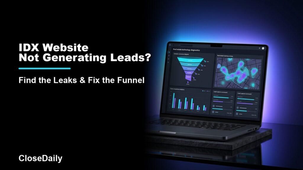 IDX website lead generation fix featured image with dark funnel analytics dashboard and CloseDaily branding