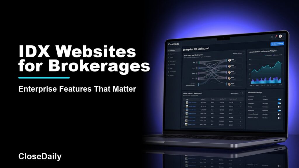 IDX Websites for Brokerages featured image with a dark real estate technology dashboard and CloseDaily branding