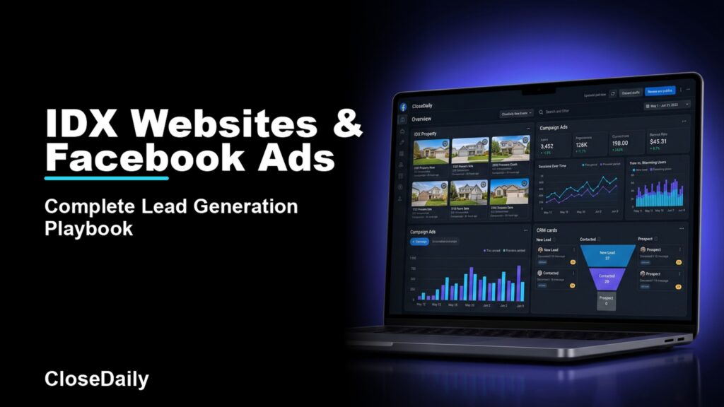 IDX websites and Facebook ads featured image with dark lead generation dashboard and CloseDaily branding