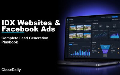IDX websites and Facebook ads featured image with dark lead generation dashboard and CloseDaily branding