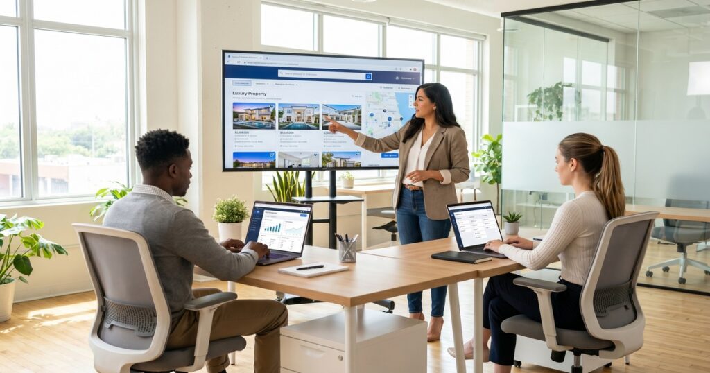 Real estate team leader reviewing IDX website options with agents on laptops in modern office