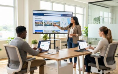Real estate team leader reviewing IDX website options with agents on laptops in modern office