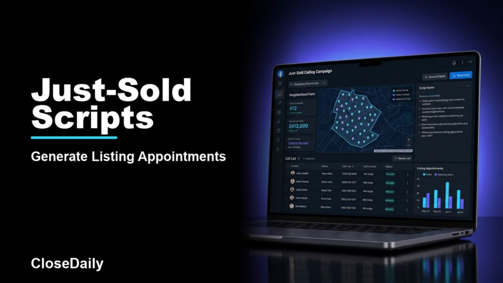 Just-Sold Scripts featured image with a dark real estate technology dashboard and CloseDaily branding