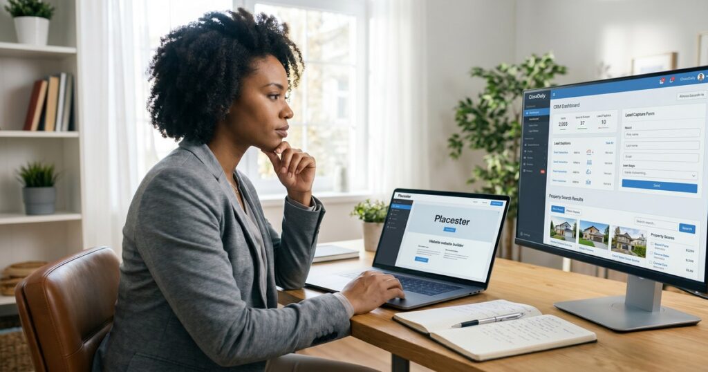 Real estate agent comparing Placester and CloseDaily IDX website platforms on laptop and monitor