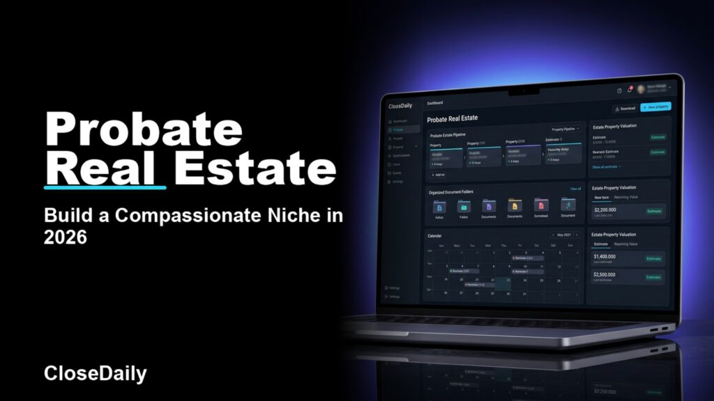 Probate real estate featured image with dark estate lead dashboard and CloseDaily branding