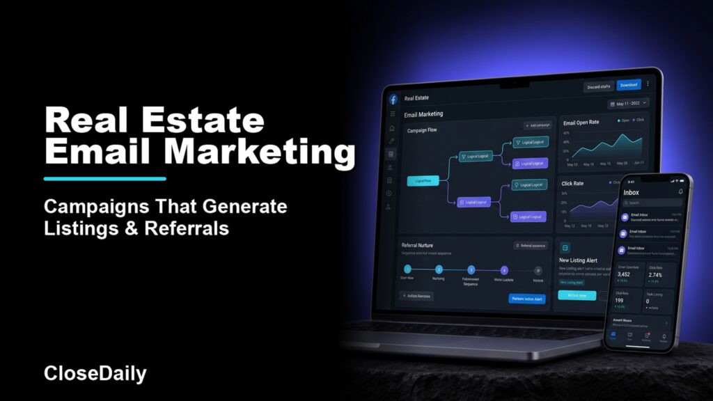 Real estate email marketing featured image with dark campaign automation dashboard and CloseDaily branding