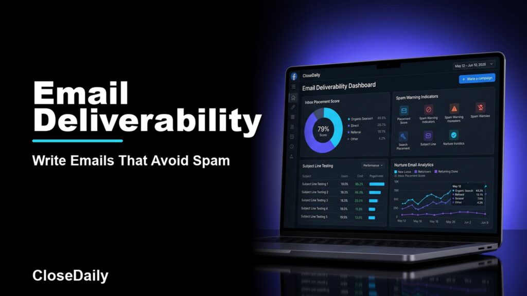 Email Deliverability featured image with a dark real estate technology dashboard and CloseDaily branding