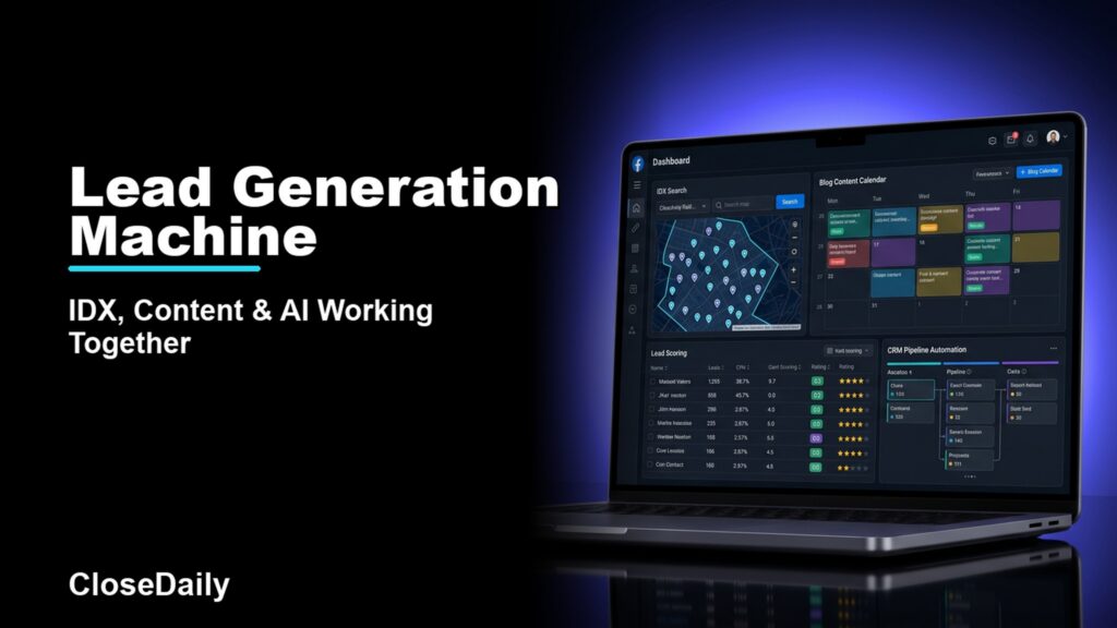 Lead Generation Machine featured image with a dark real estate technology dashboard and CloseDaily branding