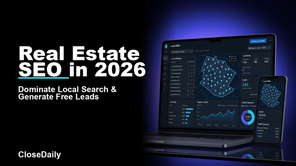 Real Estate SEO in 2026 featured image with a dark local search dashboard and CloseDaily branding