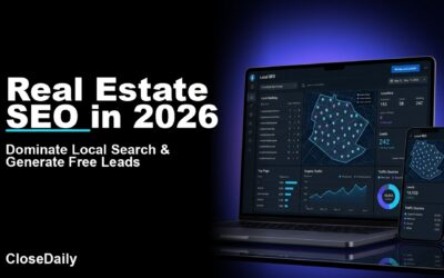 Real Estate SEO in 2026 featured image with a dark local search dashboard and CloseDaily branding