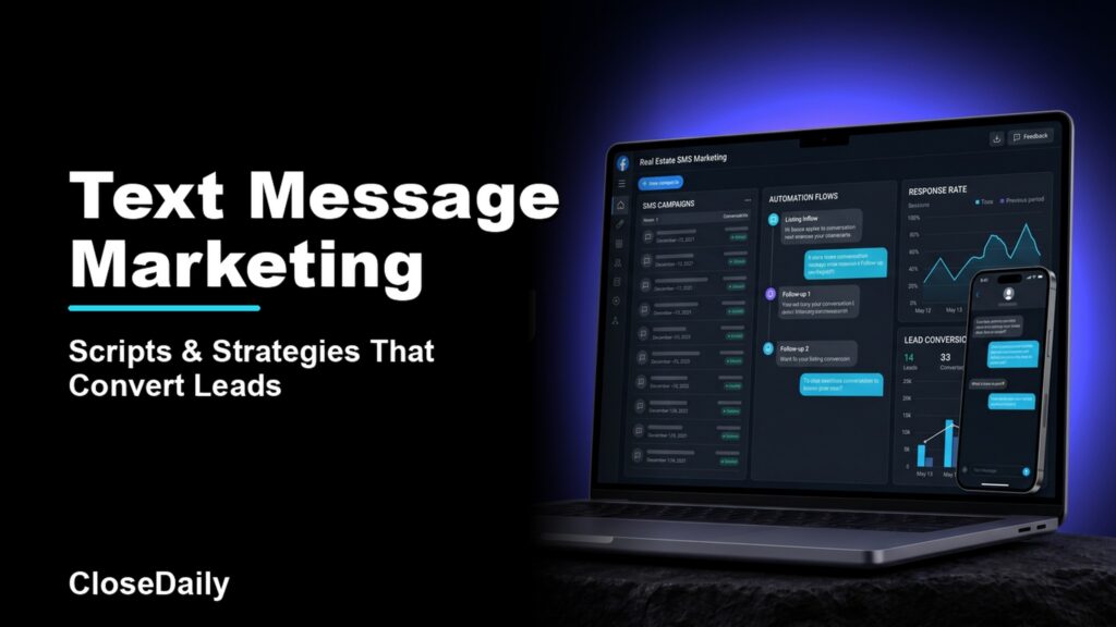 Real estate text message marketing featured image with dark SMS dashboard and CloseDaily branding