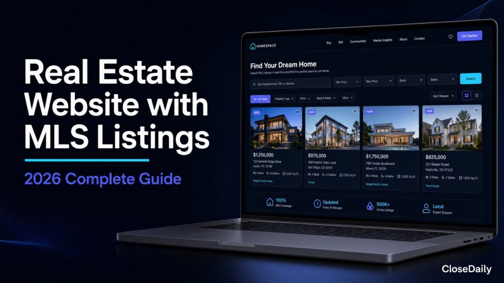 Real estate website with MLS listings showing IDX property search and listing cards