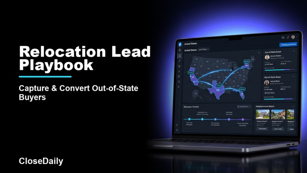 Relocation Lead Playbook featured image with a dark real estate technology dashboard and CloseDaily branding